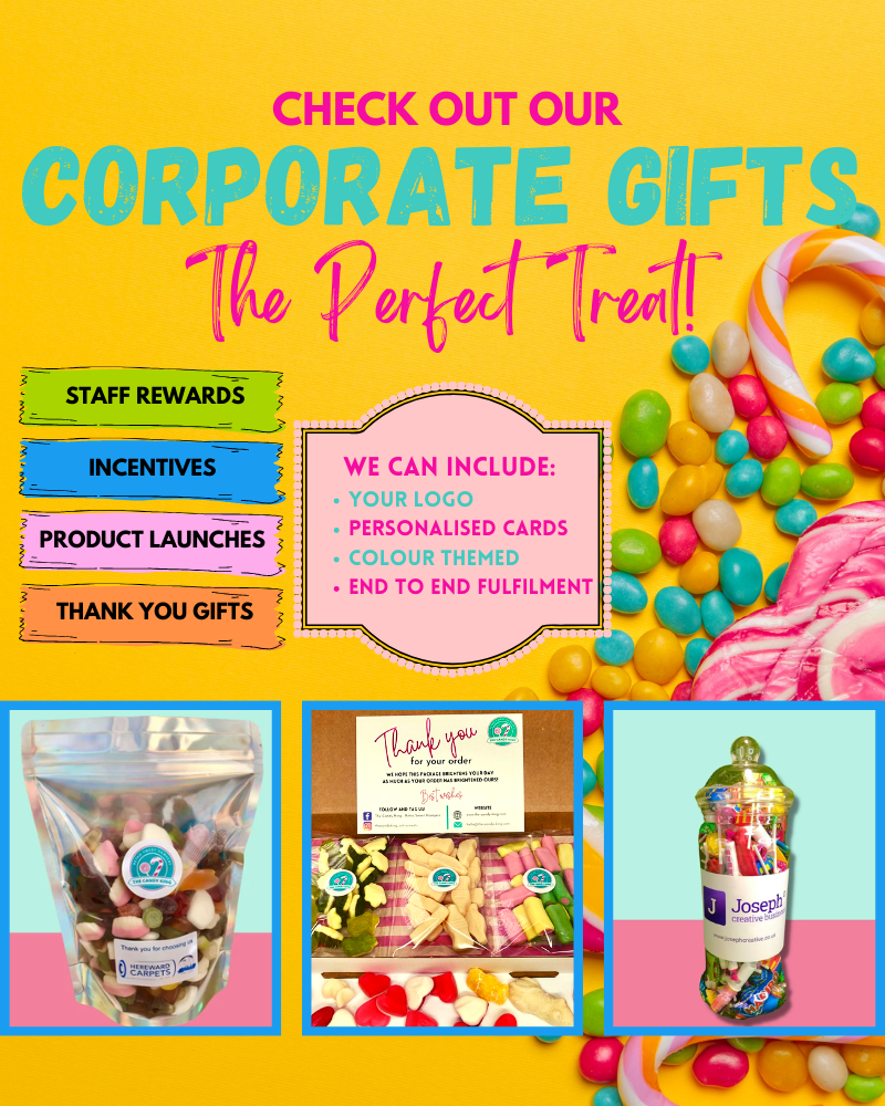Sweets for corporate events, sweet bags, branded pouches, corporate gifts, branded Jars and giveaways